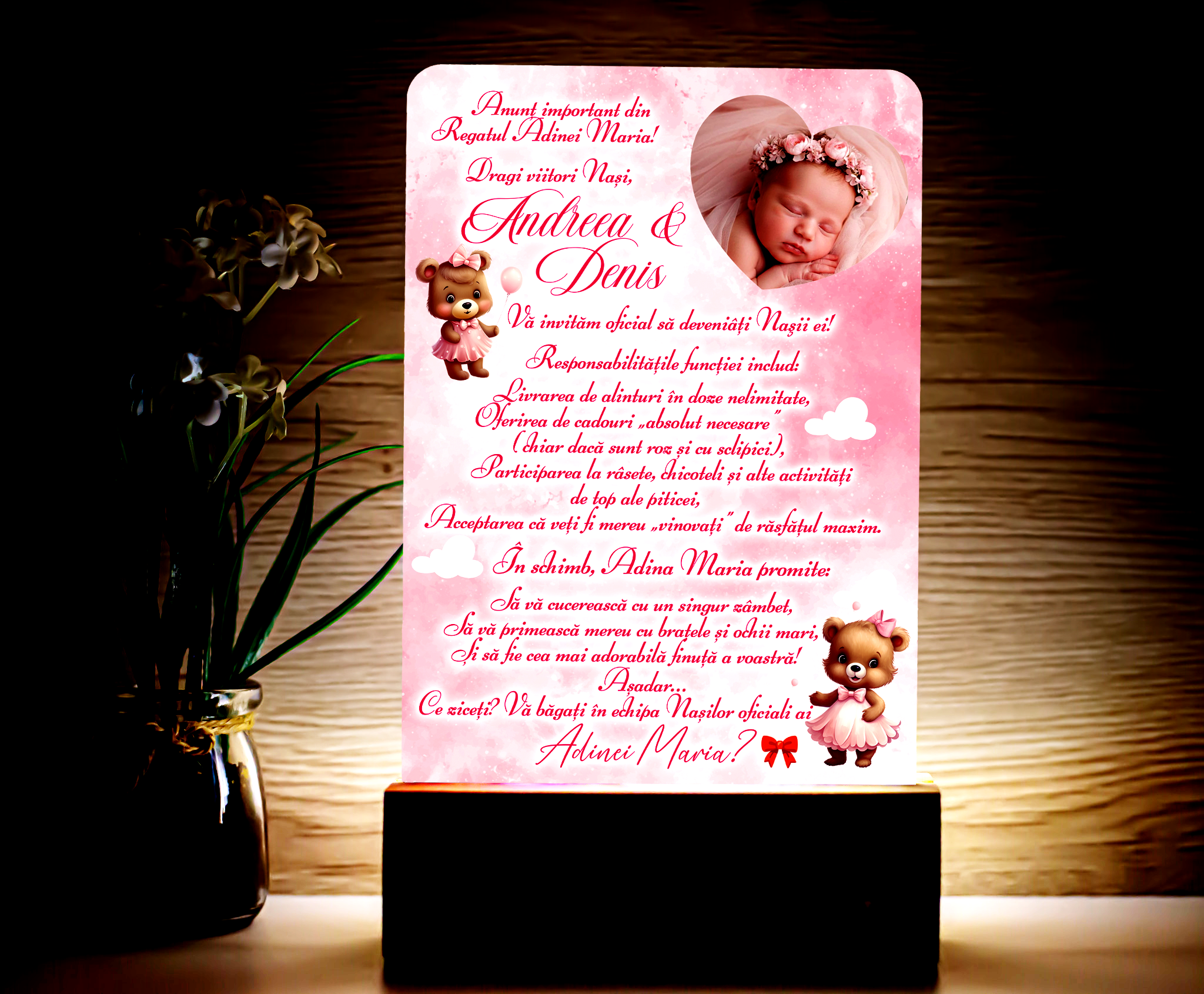 Lampă Personalizată "Cerere Naşi Botez"- Regatul Drăgălăşeniei