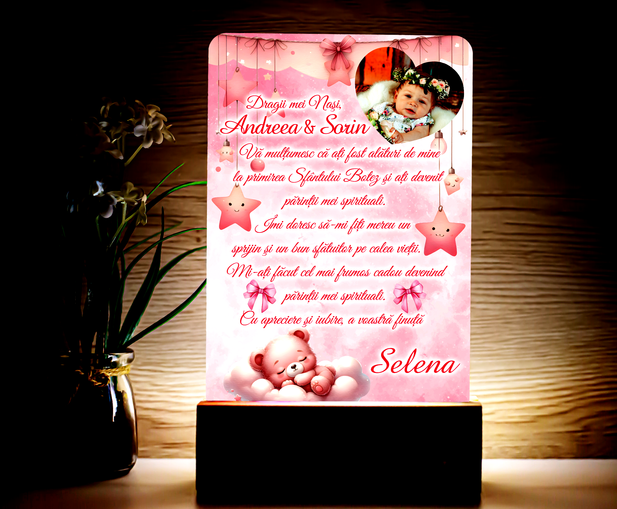 Lampă Personalizată - Naşi botez "Ursuleţ Iubăreţ"