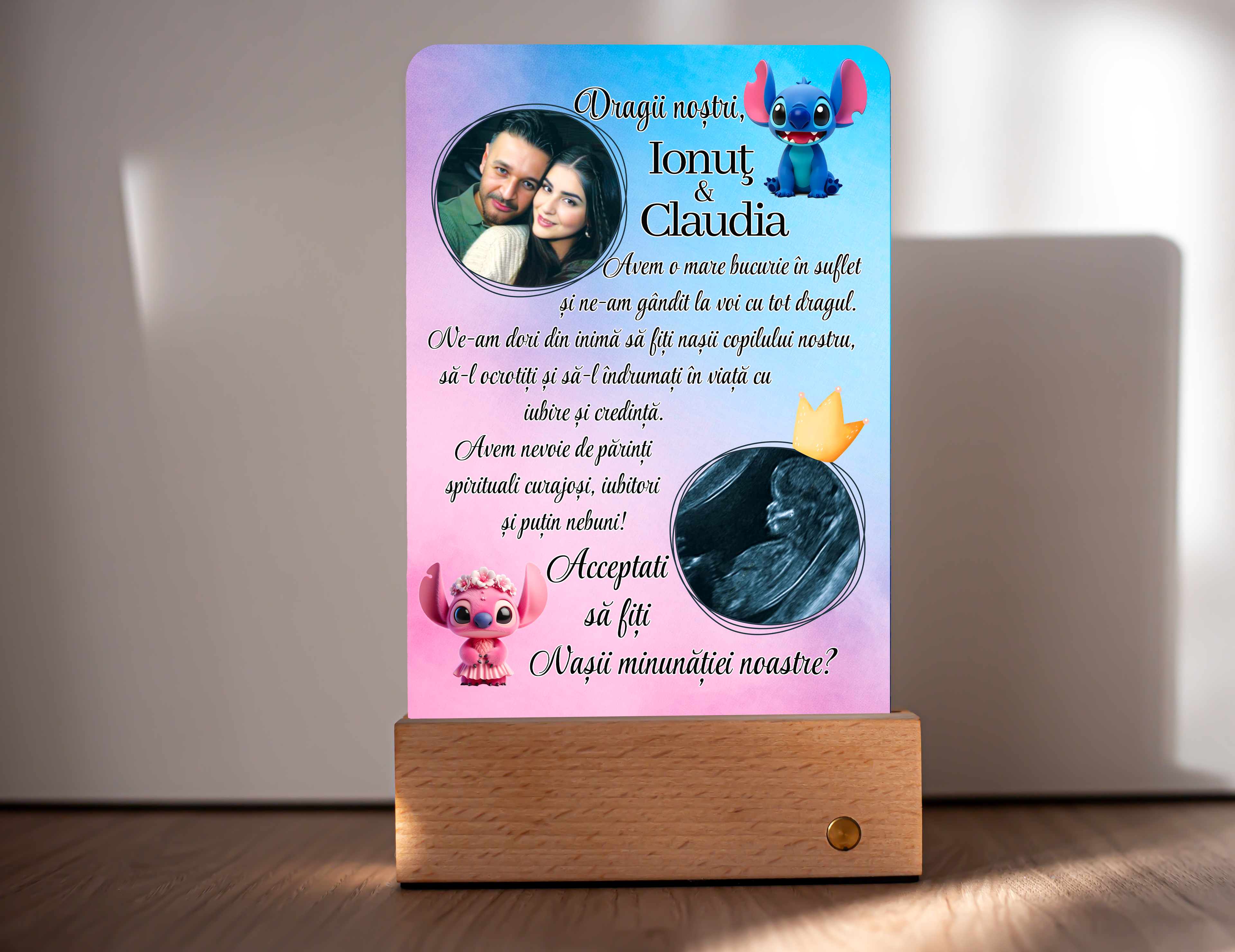 Lampă Personalizată Cerere Nași –  Color Unisex (Stitch & Angel)