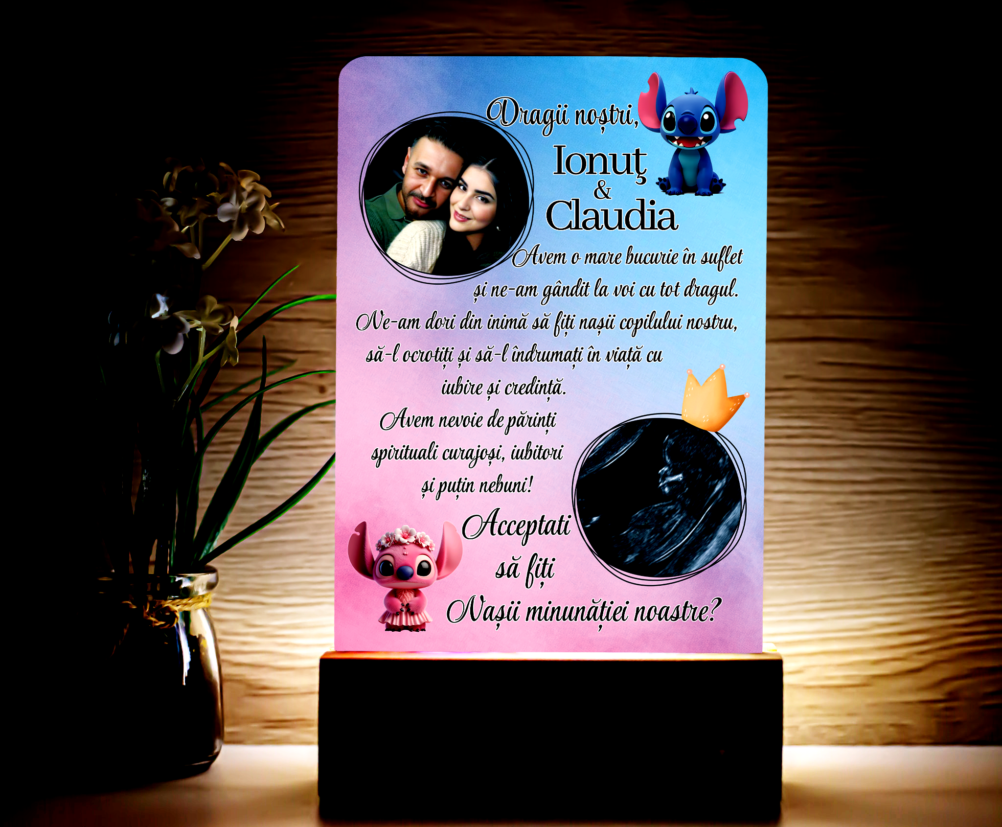 Lampă Personalizată Cerere Nași –  Color Unisex (Stitch & Angel)